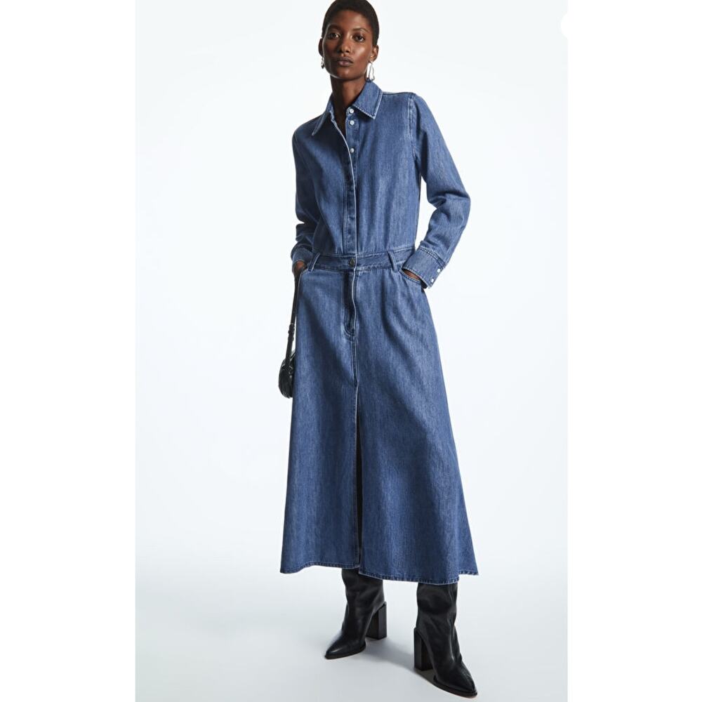 COS Oversized A-Line Drop Waist Denim Midi Dress in Medium Blue, Size 2